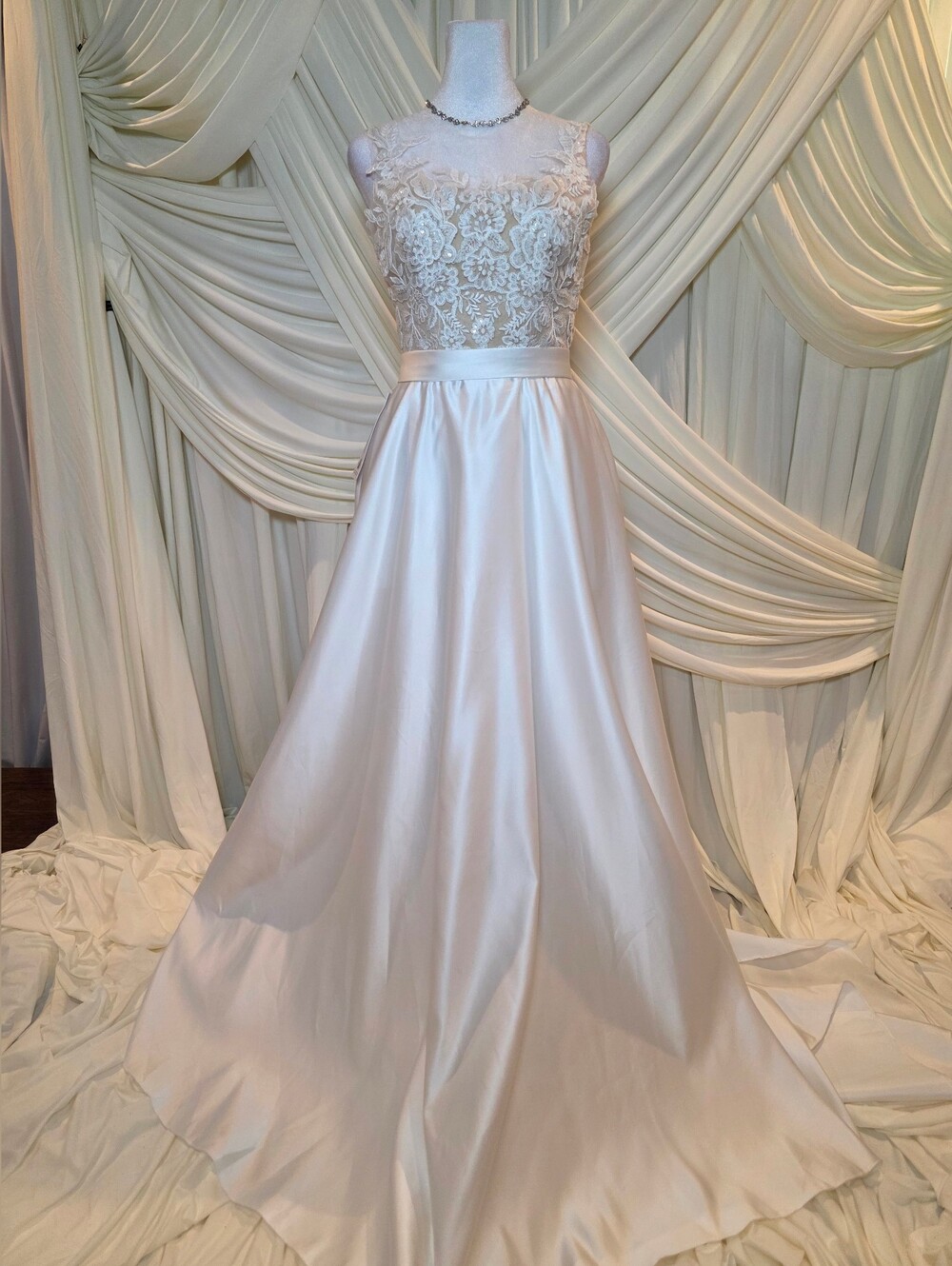 Ivory Lace Bodice Satin A-Line Wedding Dress AZAZI